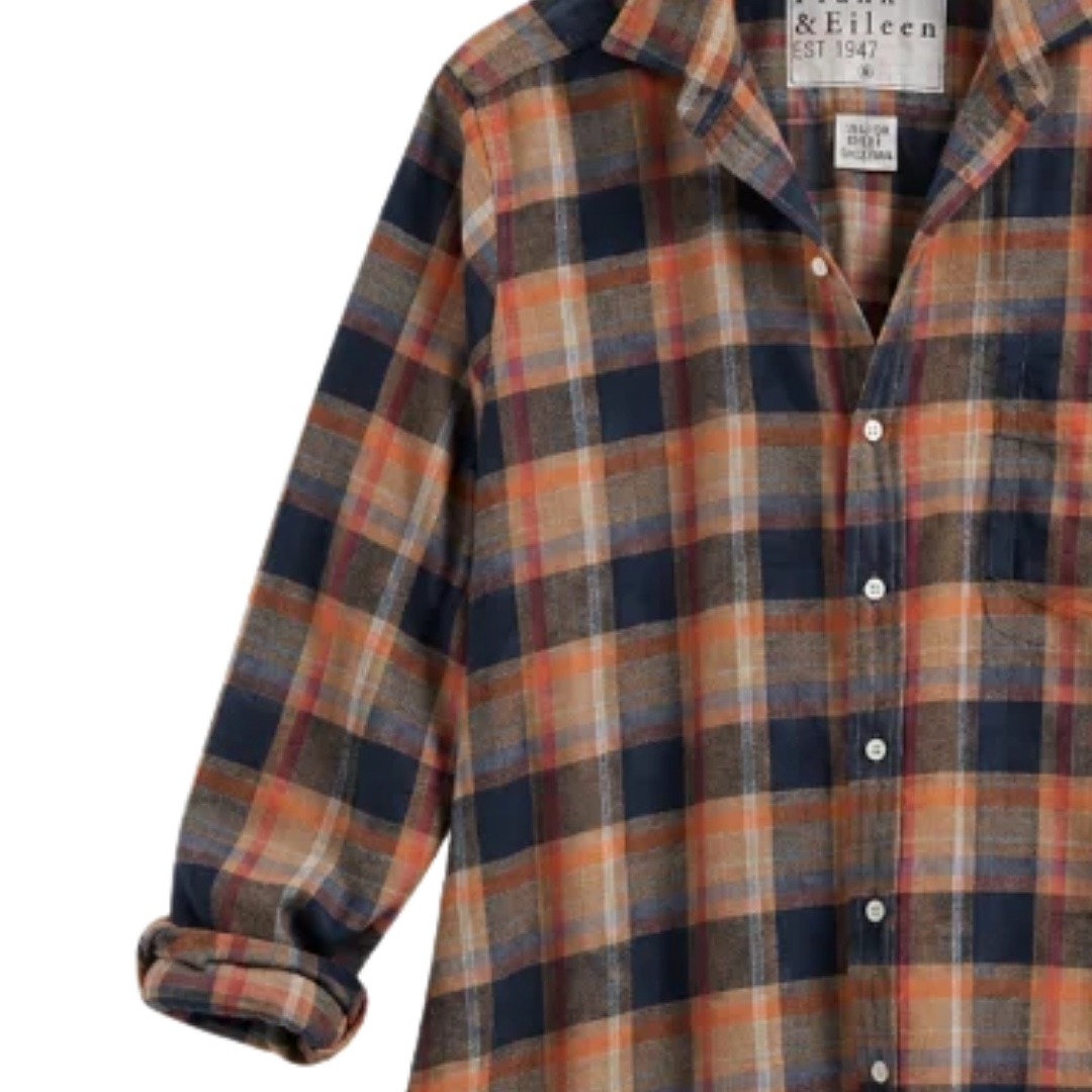 Eileen Relaxed Button-Up Shirt in Gold and Navy with Orange Plaid Flannel