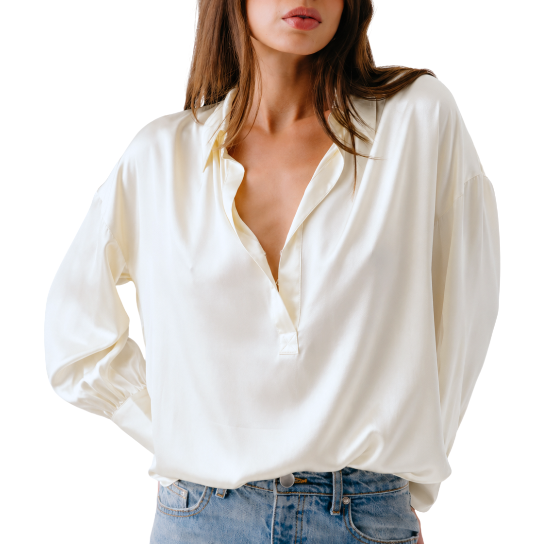 Chantal Relaxed Silk Popover w/ Shirring in Gardenia