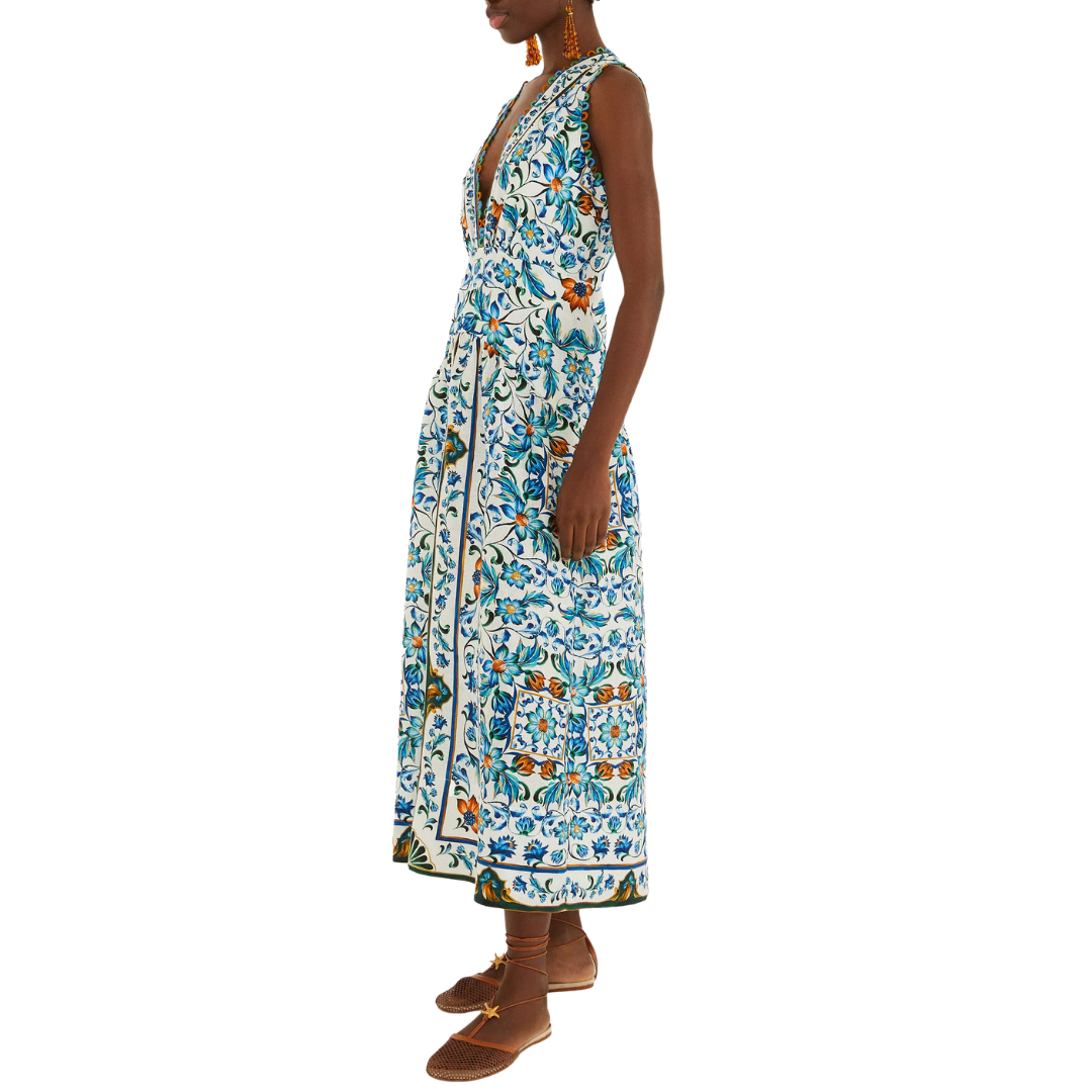 Flora Tile Scallop Linen Midi Dress in Off-White