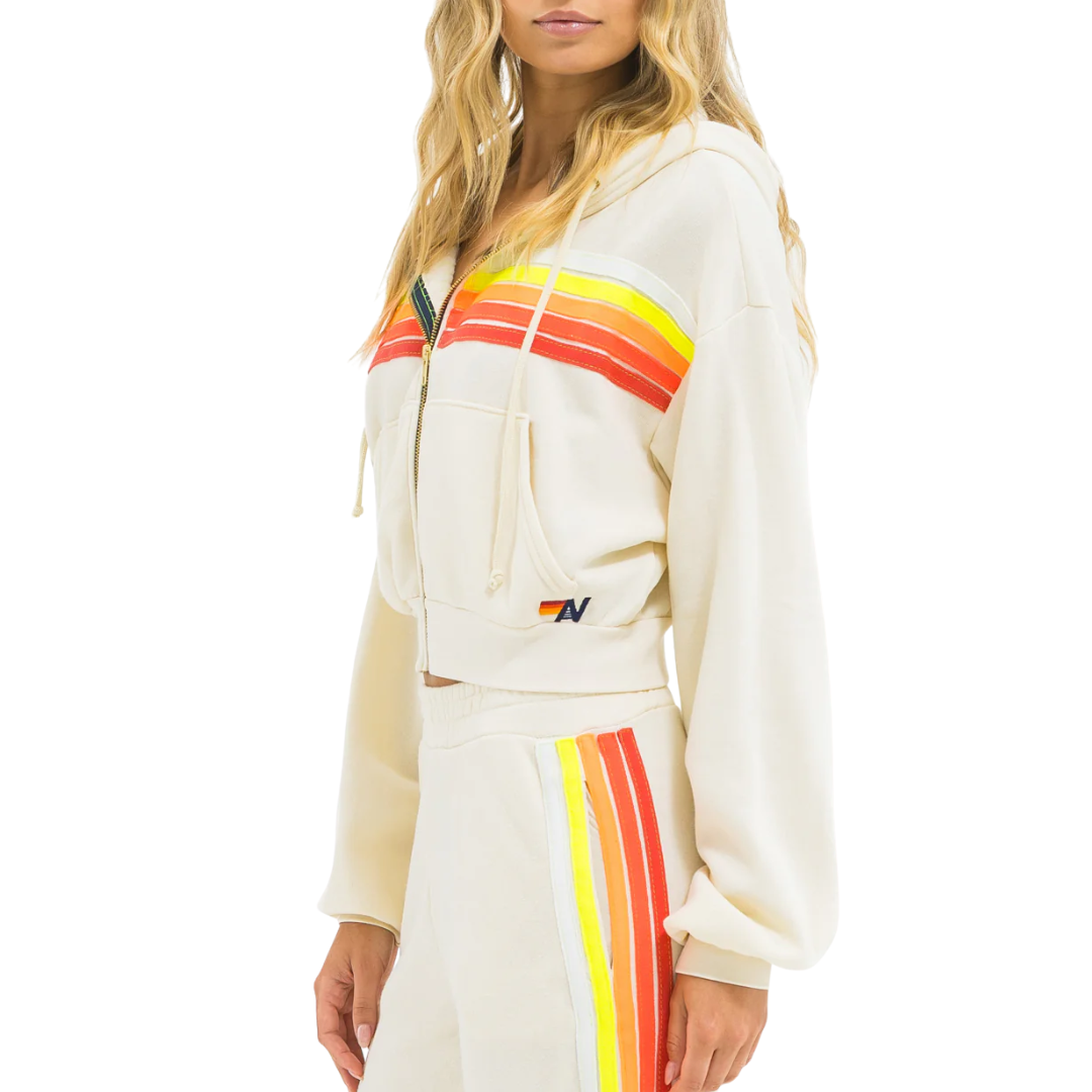 5 Stripe Cropped Zip Hoodie in Vintage White/White Neon