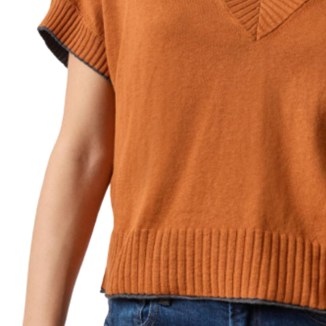Short Sleeve V-Neck Pullover Sweater in Sierra