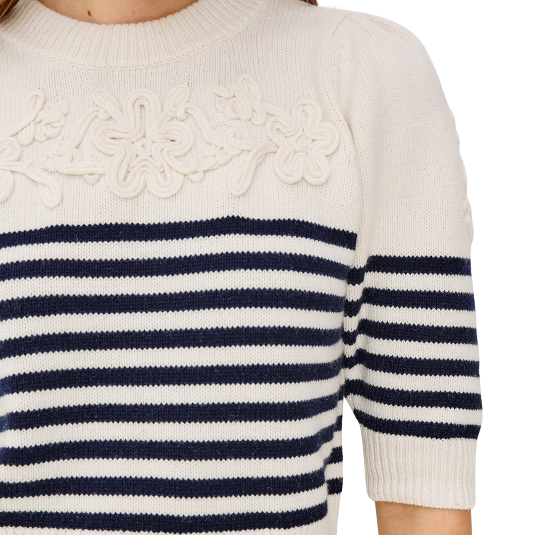 Martha Top in Ivory Navy Floral Stripe