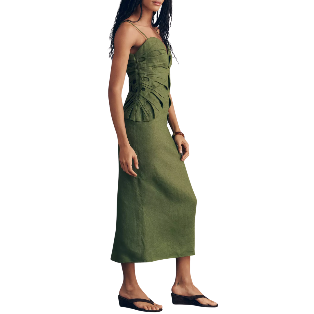 Monstera Leaf Sleeveless Maxi Dress in Green