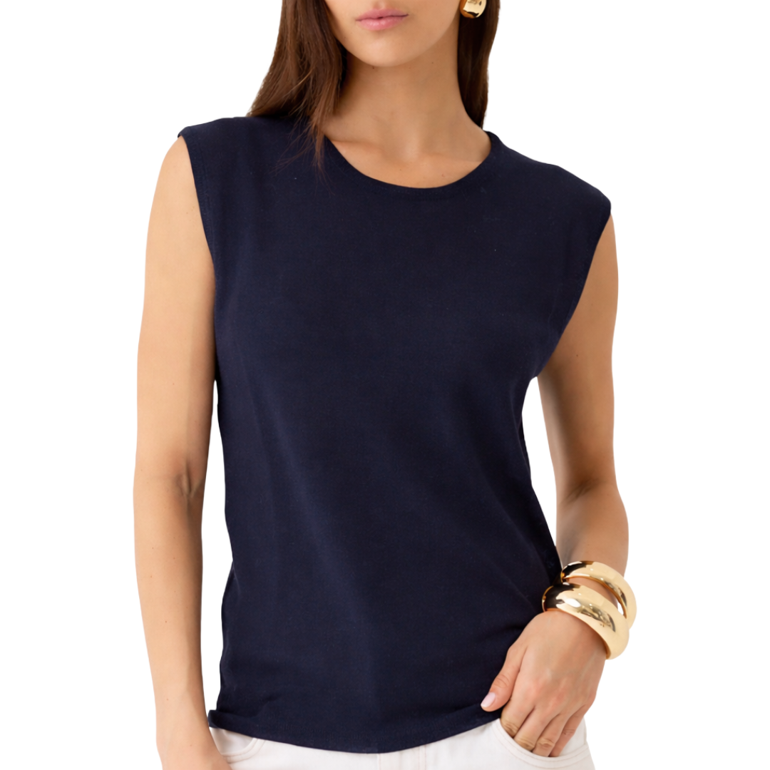 Extrafine Merino Silk Knit Sleeveless Crewneck in Marine