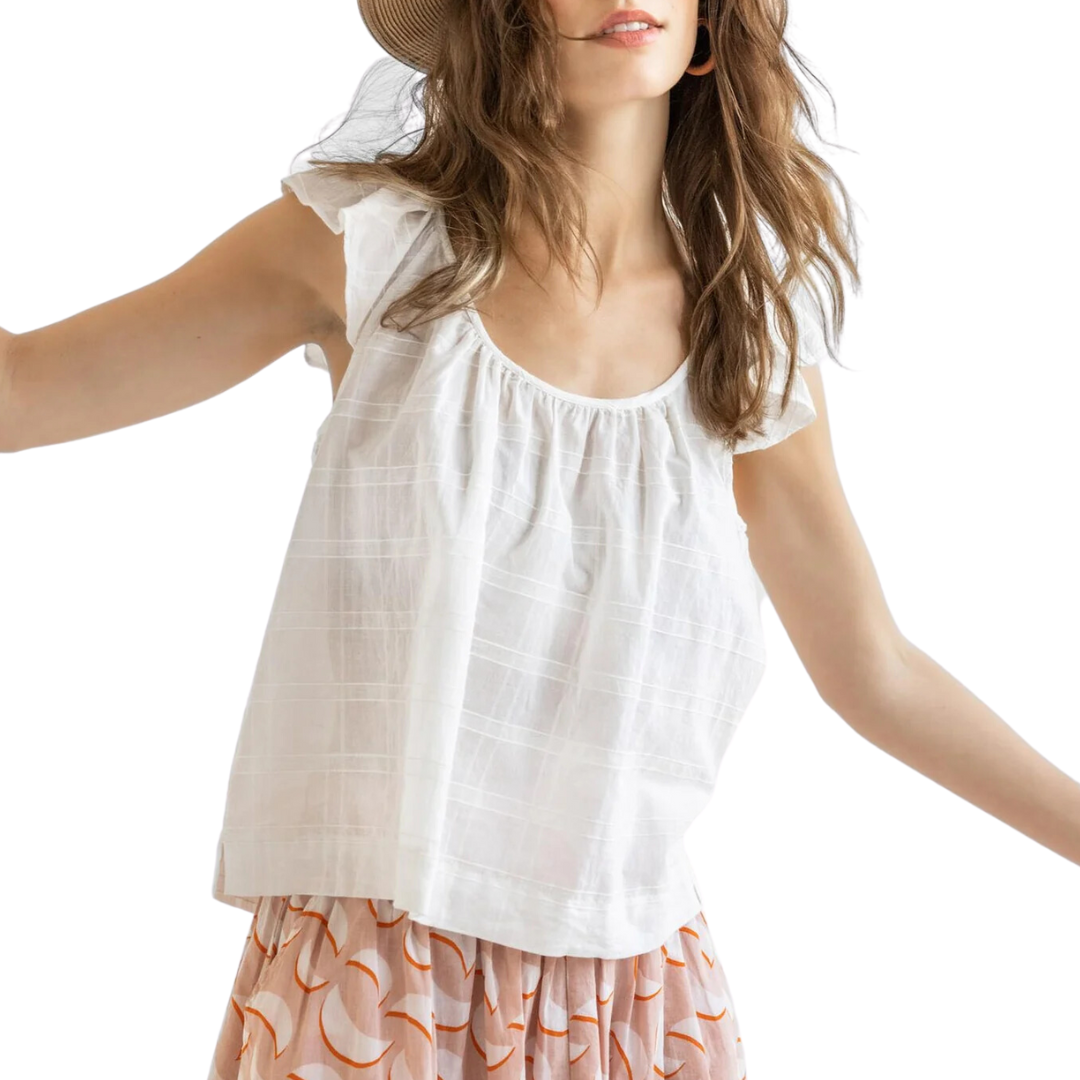Ruffle Sleeve Top with Shirring in White