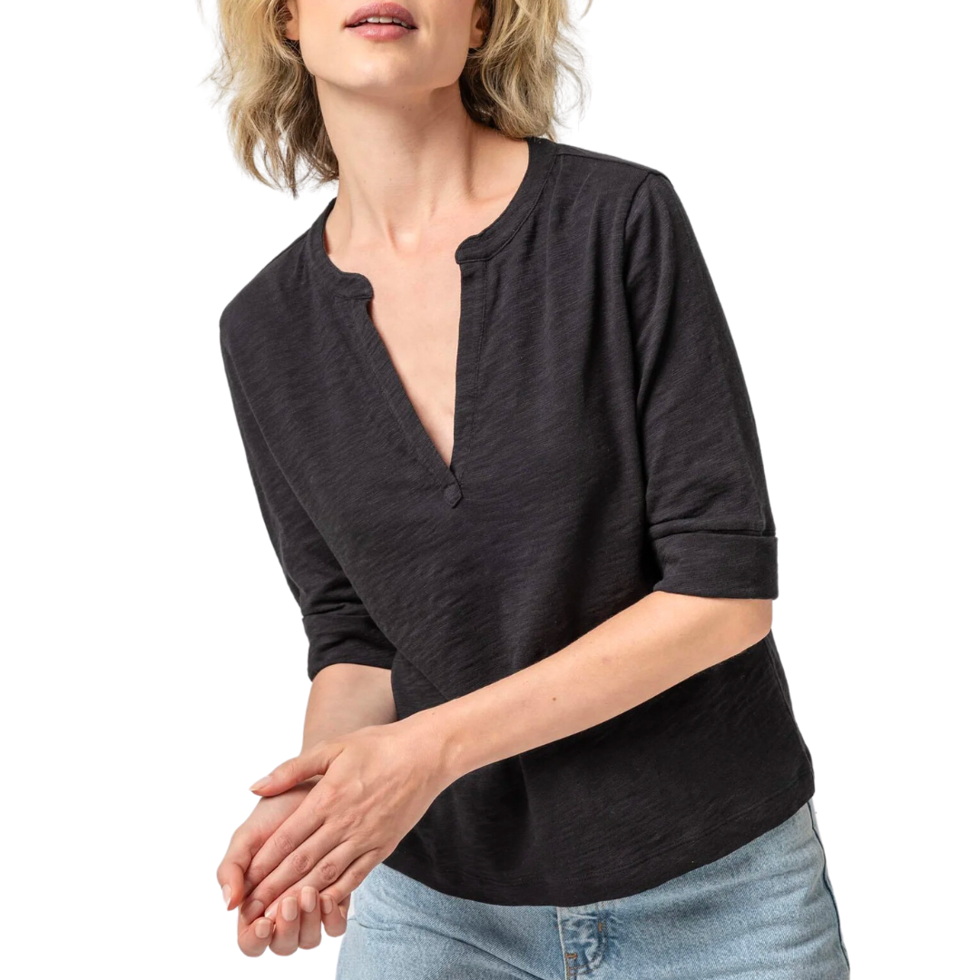 Elbow Sleeve Split Neck in Black