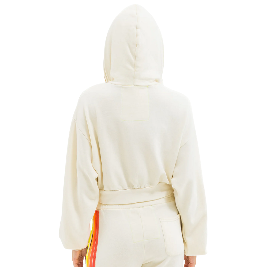 5 Stripe Cropped Zip Hoodie in Vintage White/White Neon