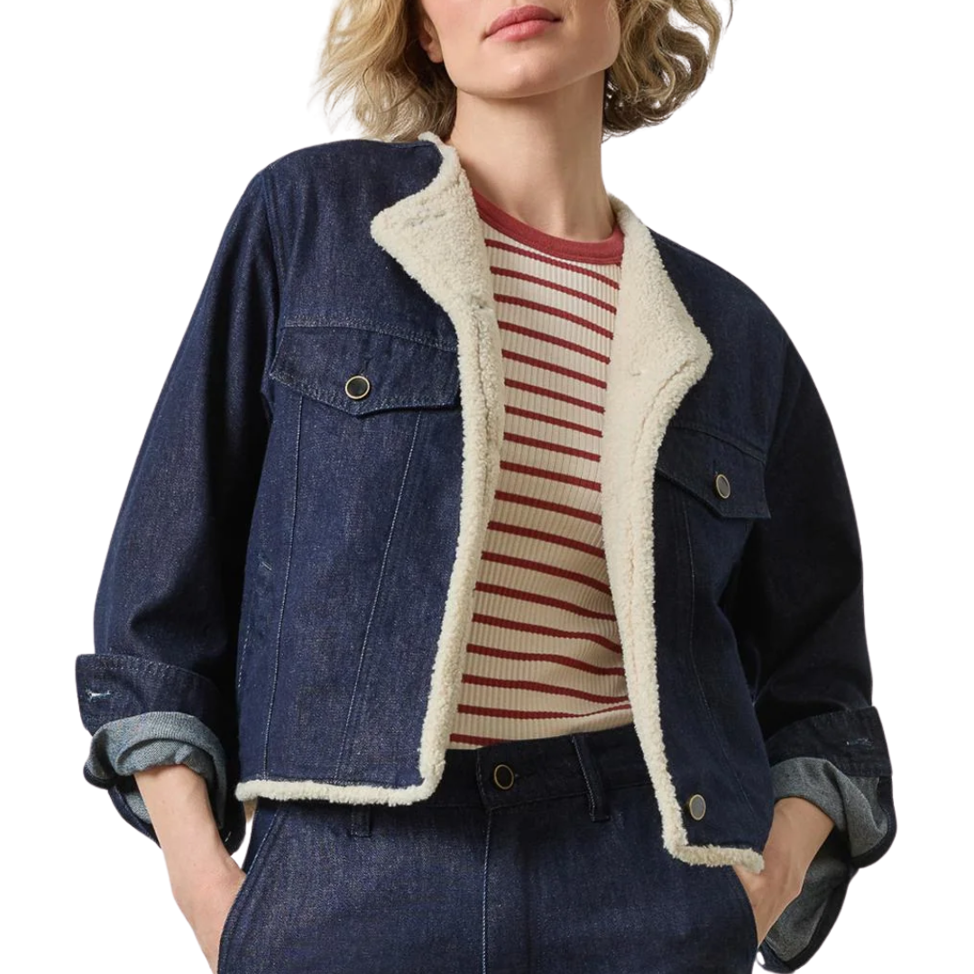 Sherpa Lined Jean Jacket in Dark Wash Blue
