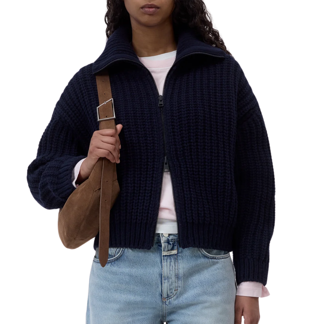 Wool Cardigan With Zip in Dark Night