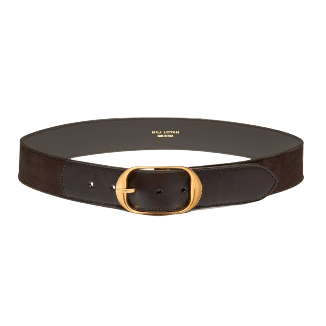 Nili Suede Belt in Espresso w/ Antique Brass Buckle