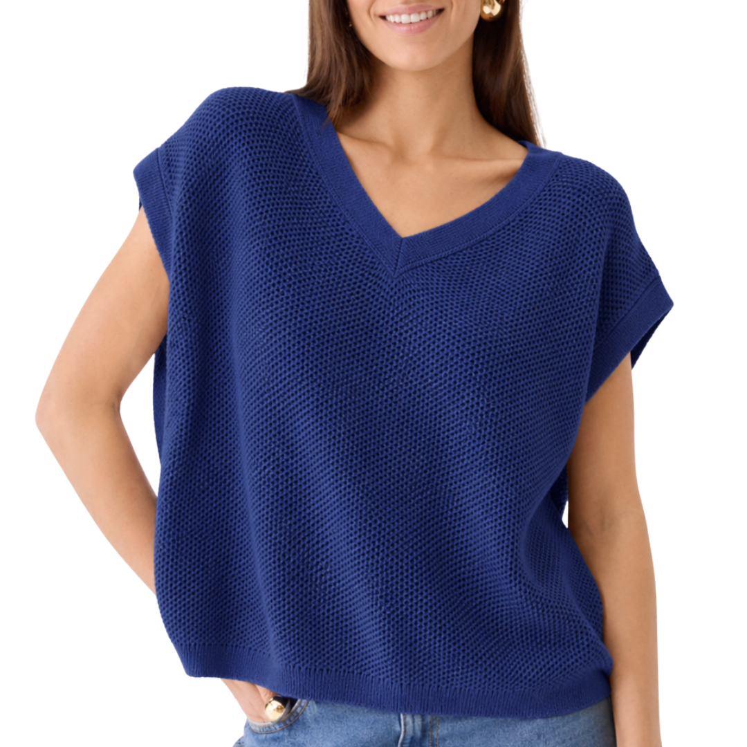 Organic Cotton Knit Cap Sleeve V-Neck Top in Blue Moon