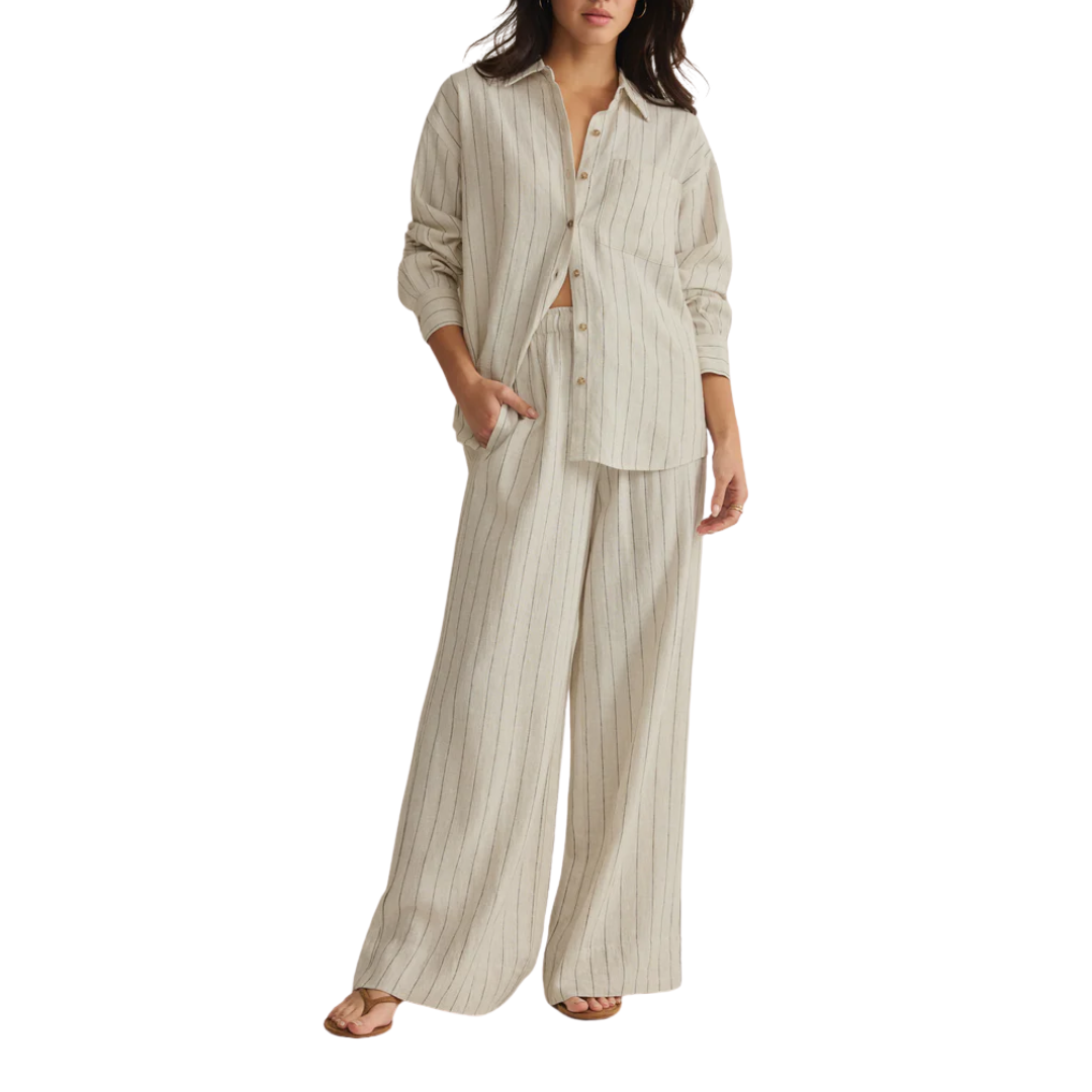 Alfie Striped Linen Button Up in Linen