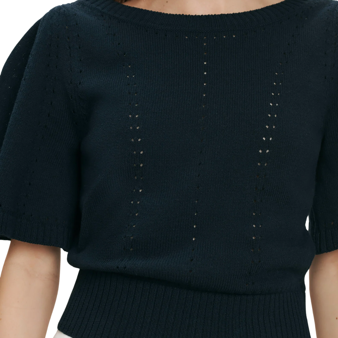 Rhennan Pointelle Knit Top in Navy