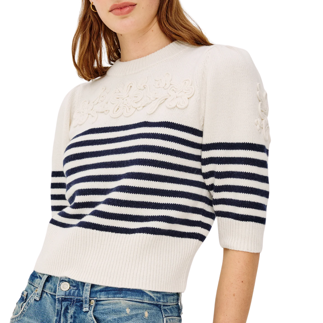 Martha Top in Ivory Navy Floral Stripe