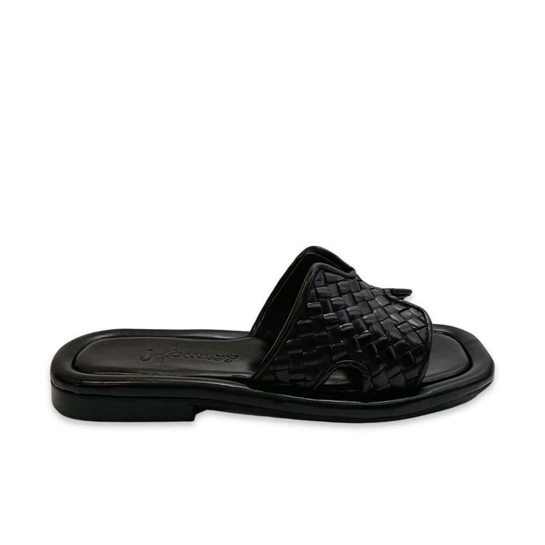 Woven Leather Notched Slide Sandal in Black