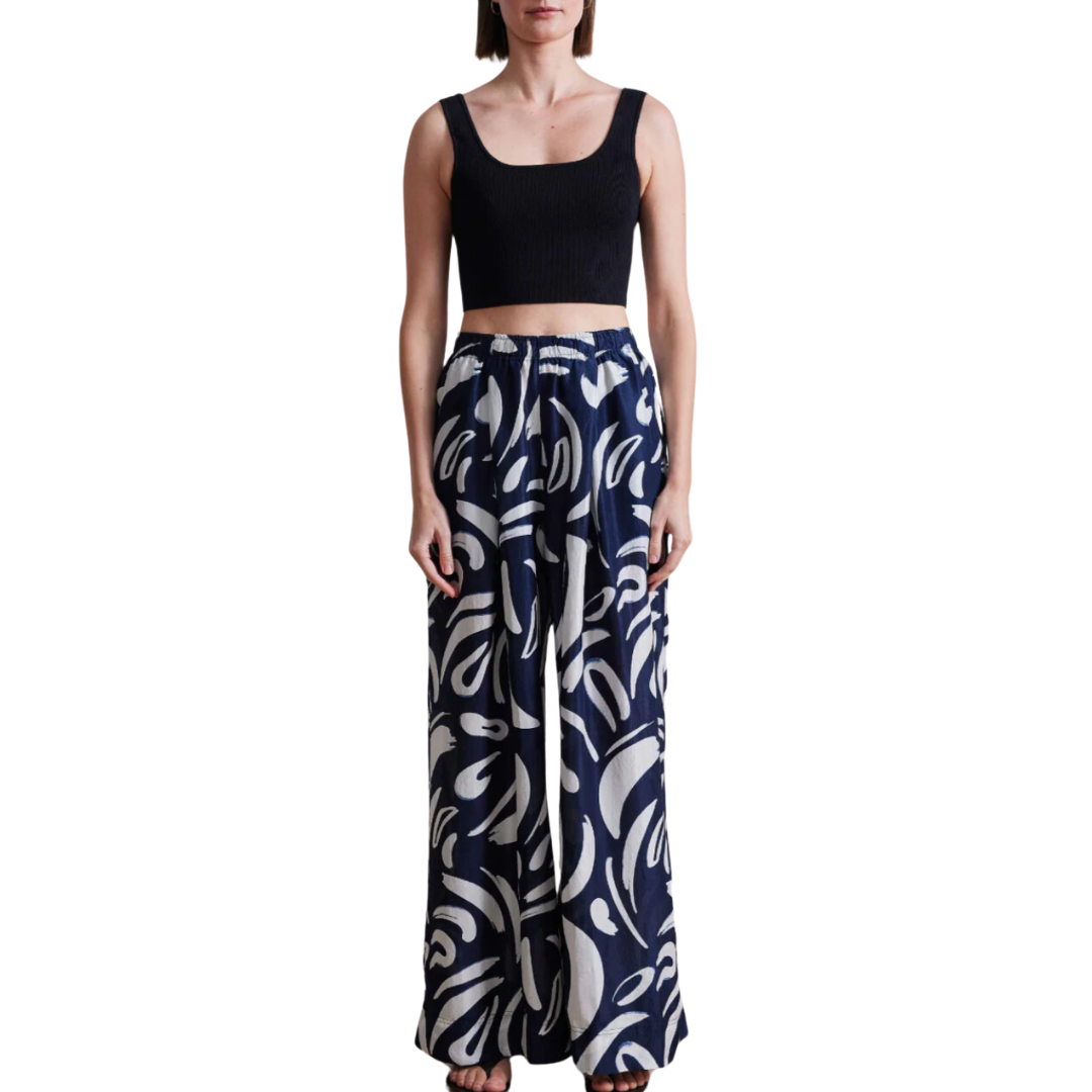 Suerte Wide Leg Pants in Navy Abstract Brushes 