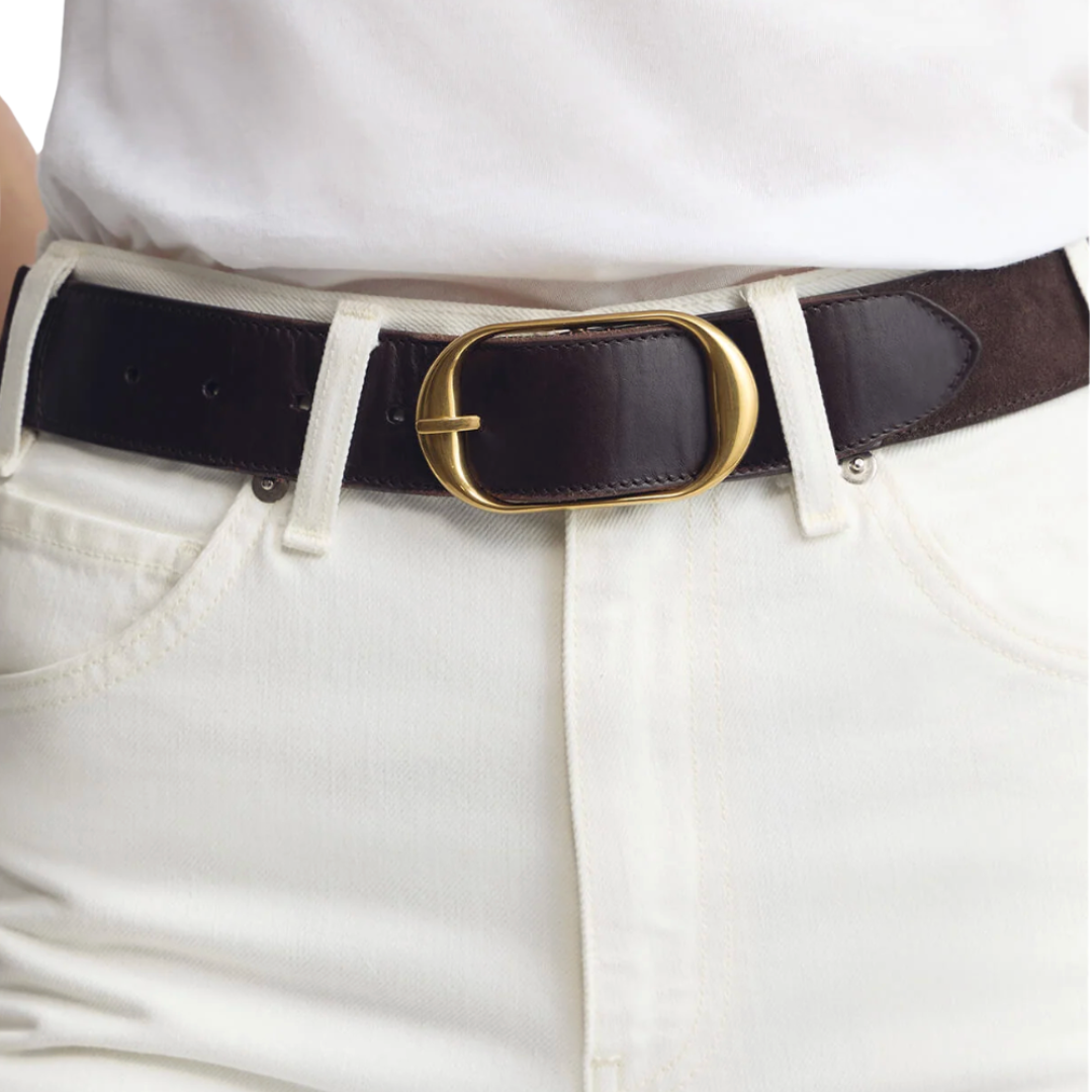 Nili Suede Belt in Espresso w/ Antique Brass Buckle