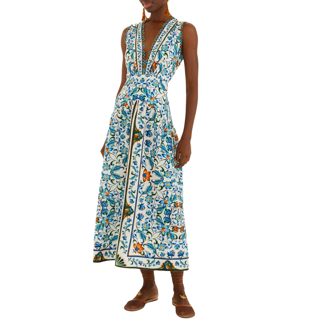 Flora Tile Scallop Linen Midi Dress in Off-White