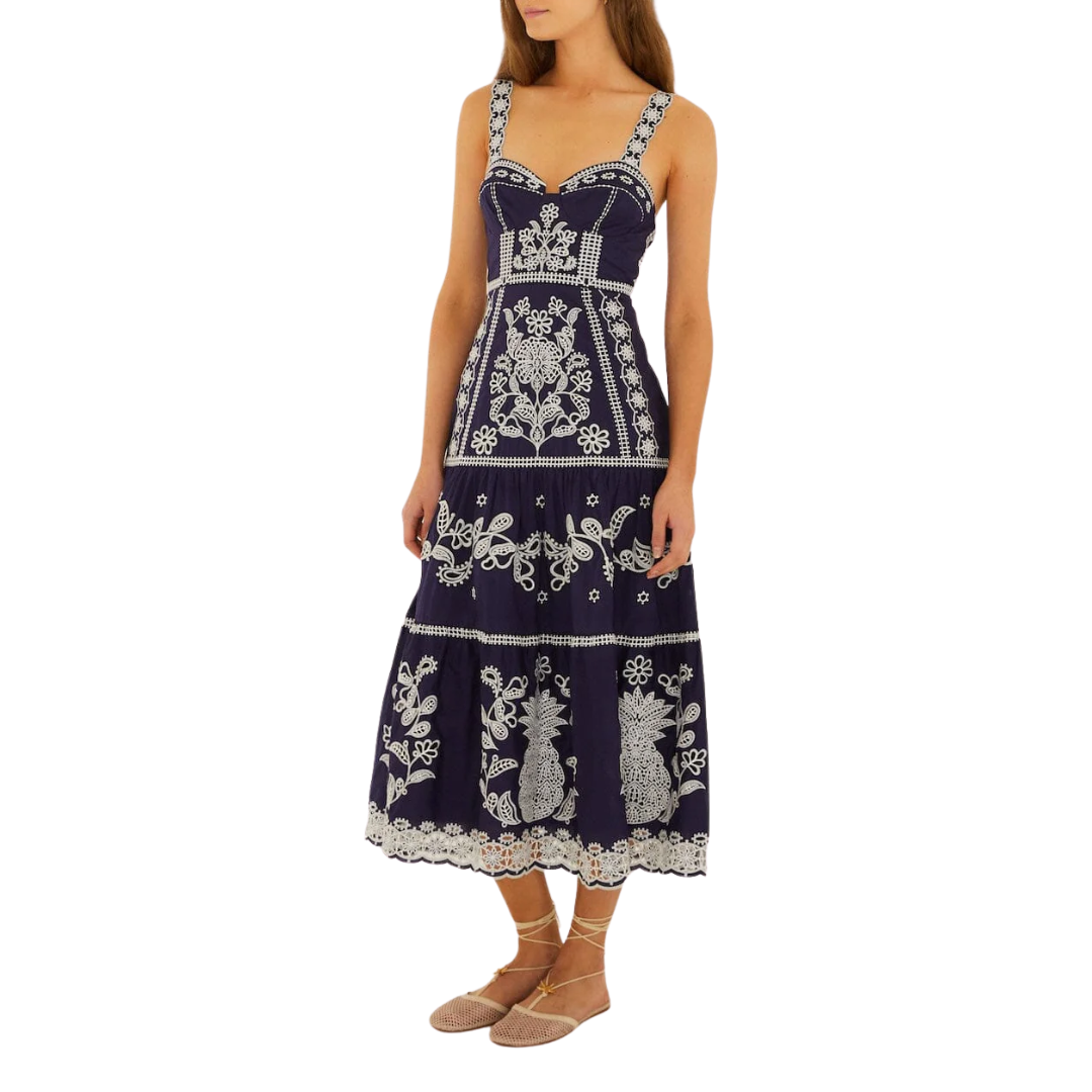 Richelieu Embroidered Midi Dress in Blue
