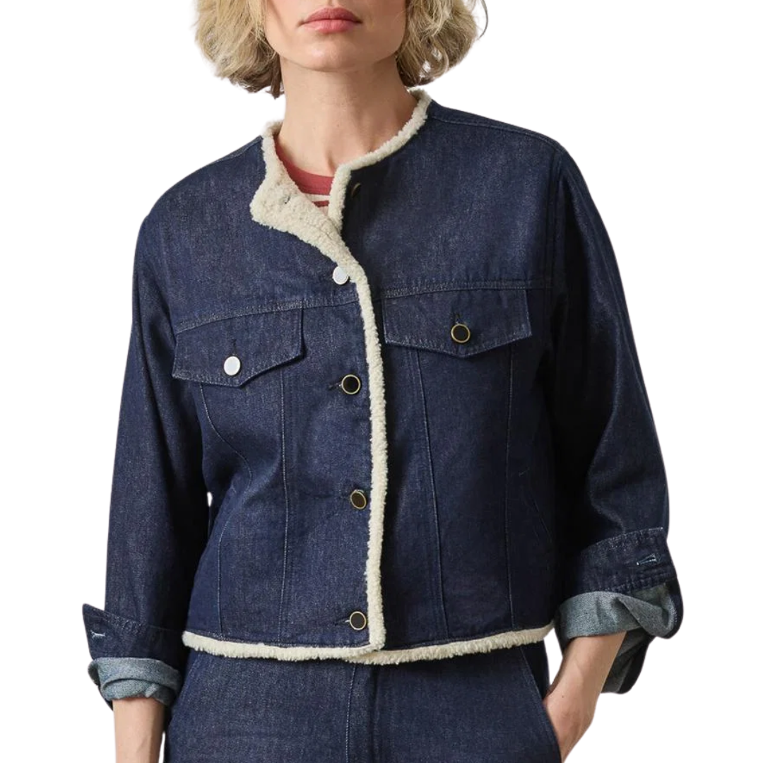 Sherpa Lined Jean Jacket in Dark Wash Blue