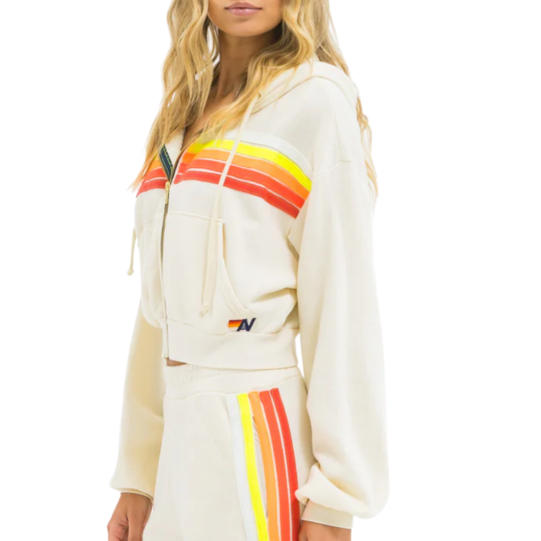 5 Stripe Cropped Zip Hoodie in Vintage White/White Neon