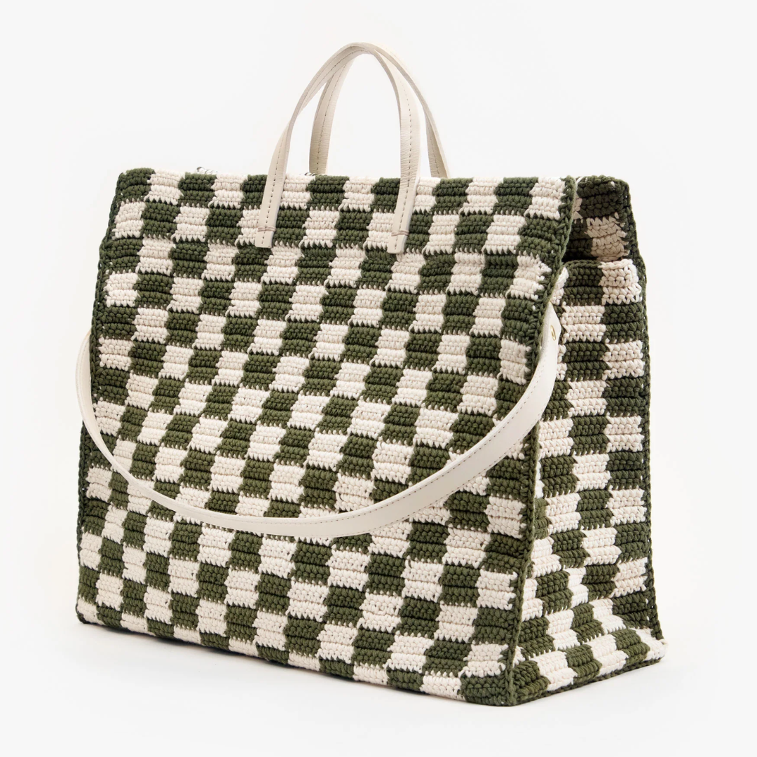 Summer Simple Tote in Olive/Cream Crochet Checker