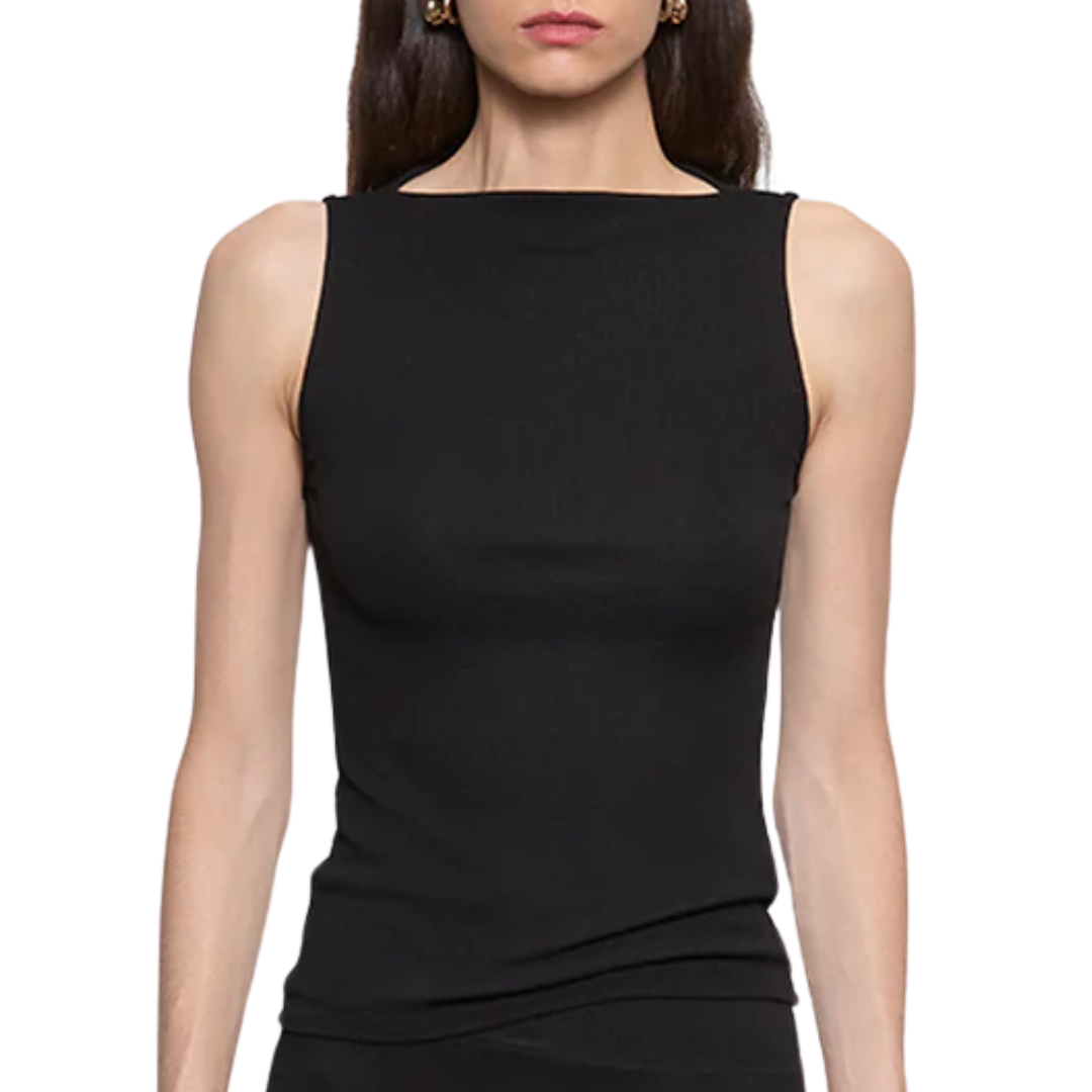 Silk Rib Sleeveless Boatneck in Black