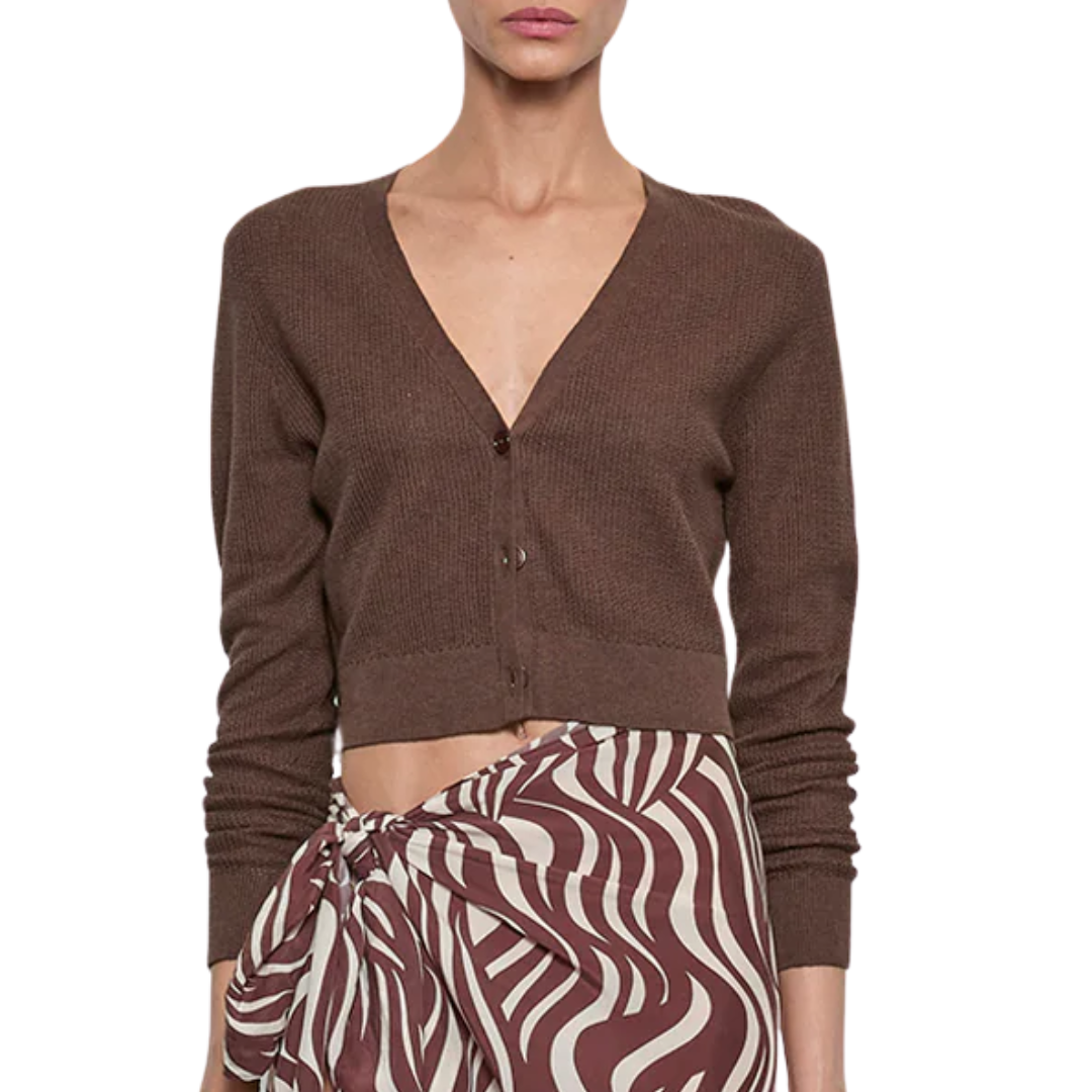 Linen Open Knit Cropped V Neck Cardigan in Chocolate