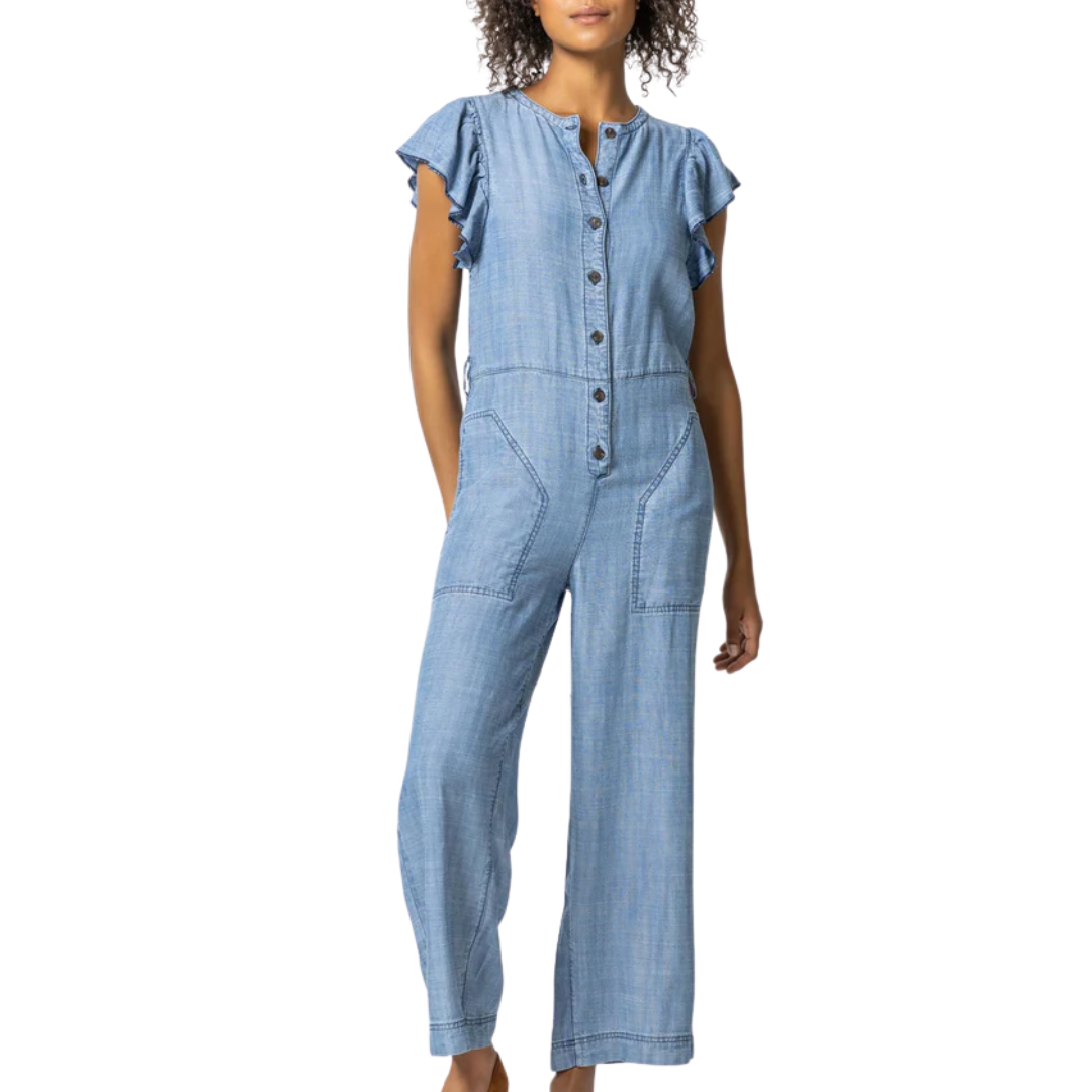 Flutter Sleeve Jumpsuit in Washed Chambray