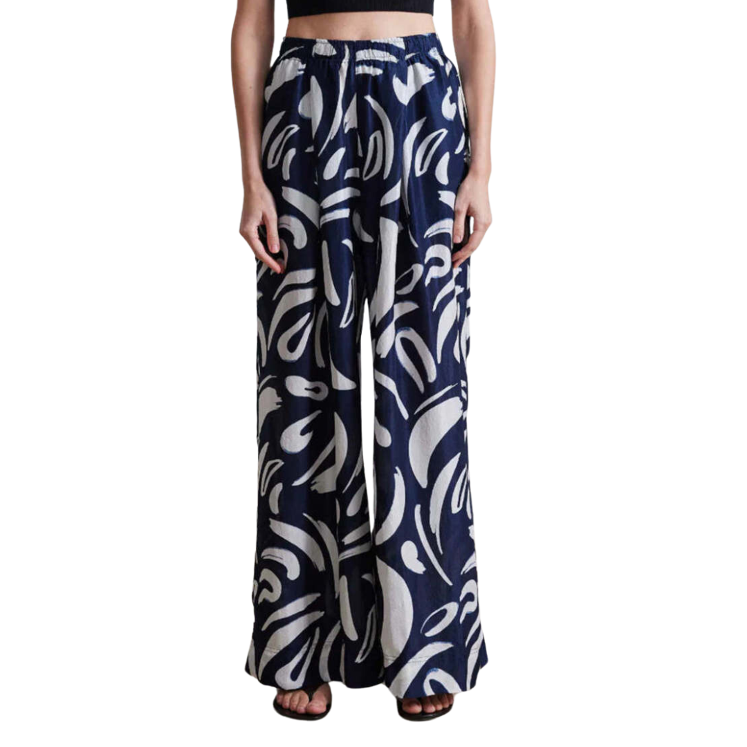 Suerte Wide Leg Pants in Navy Abstract Brushes 