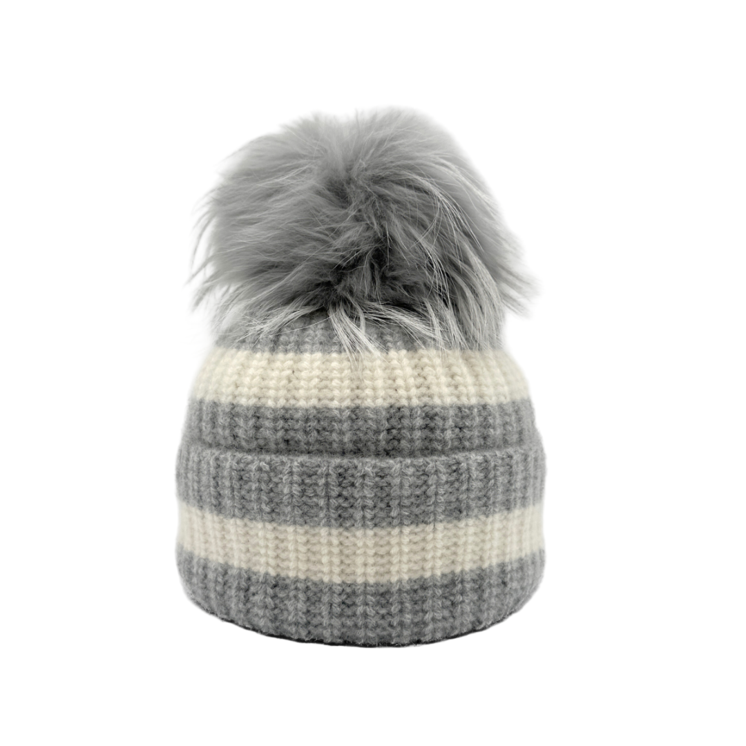 Ribbed Knit Striped Hat in Dove Grey