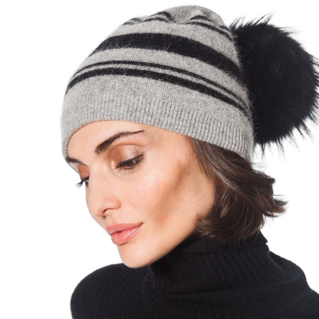 Slouch Stripe Block Pom Hat in Gray/Black