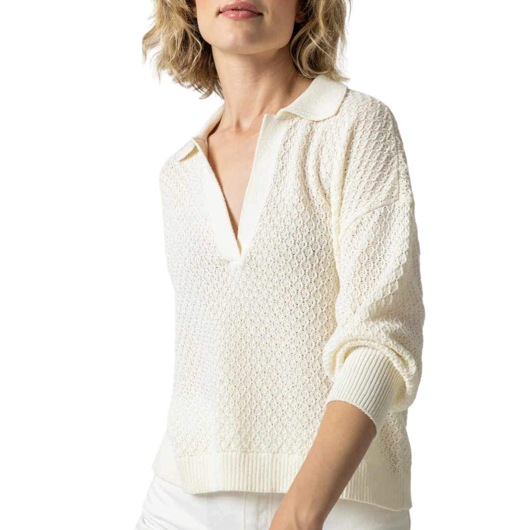 Easy 3/4 Sleeve Polo Sweater in Bone