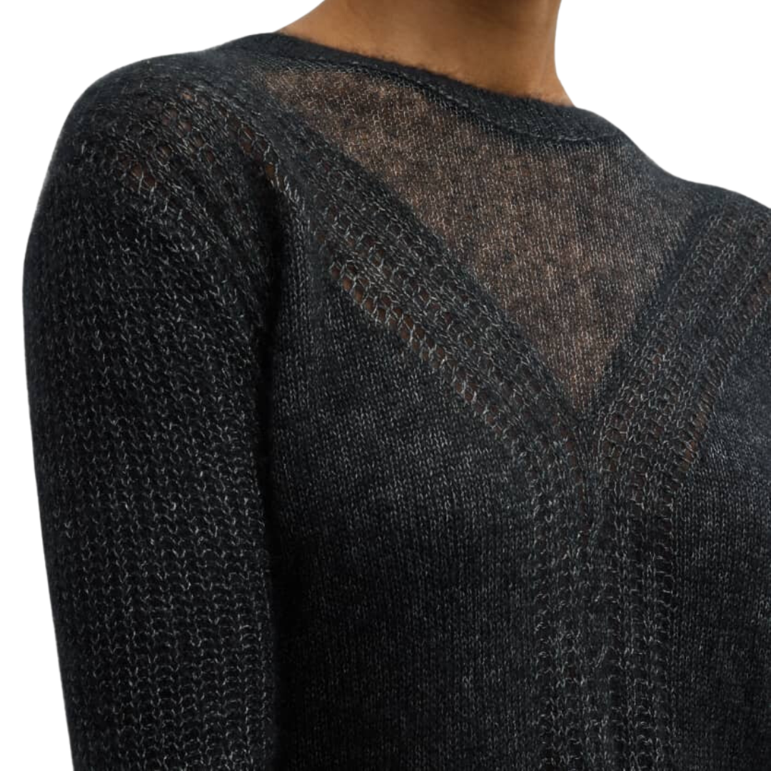 Shaker Cable Crew w/ Sheer Yoke in Black