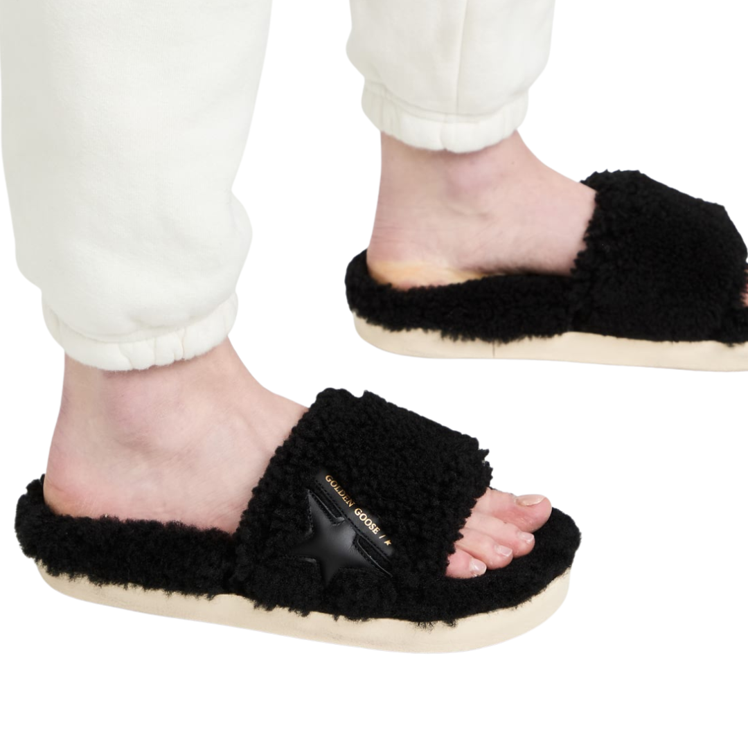Poolstar Shearling Slide Sandals in Black