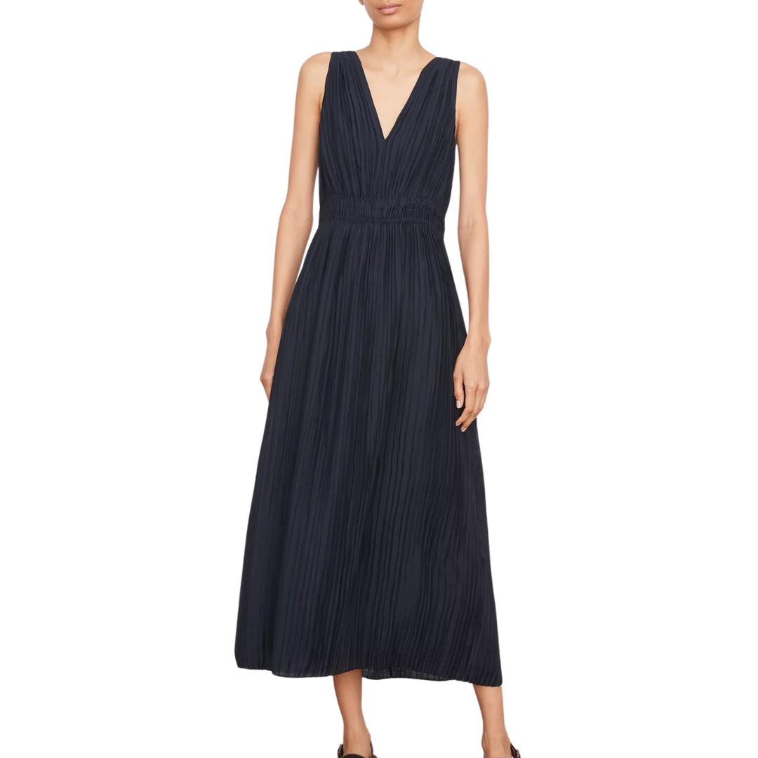 Vince Pleated Double V-Neck Dress in Coastal Blue