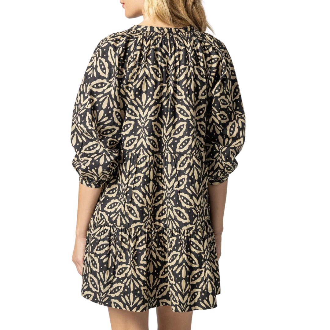 Tiered Split Neck Dress in Khaki Motif 