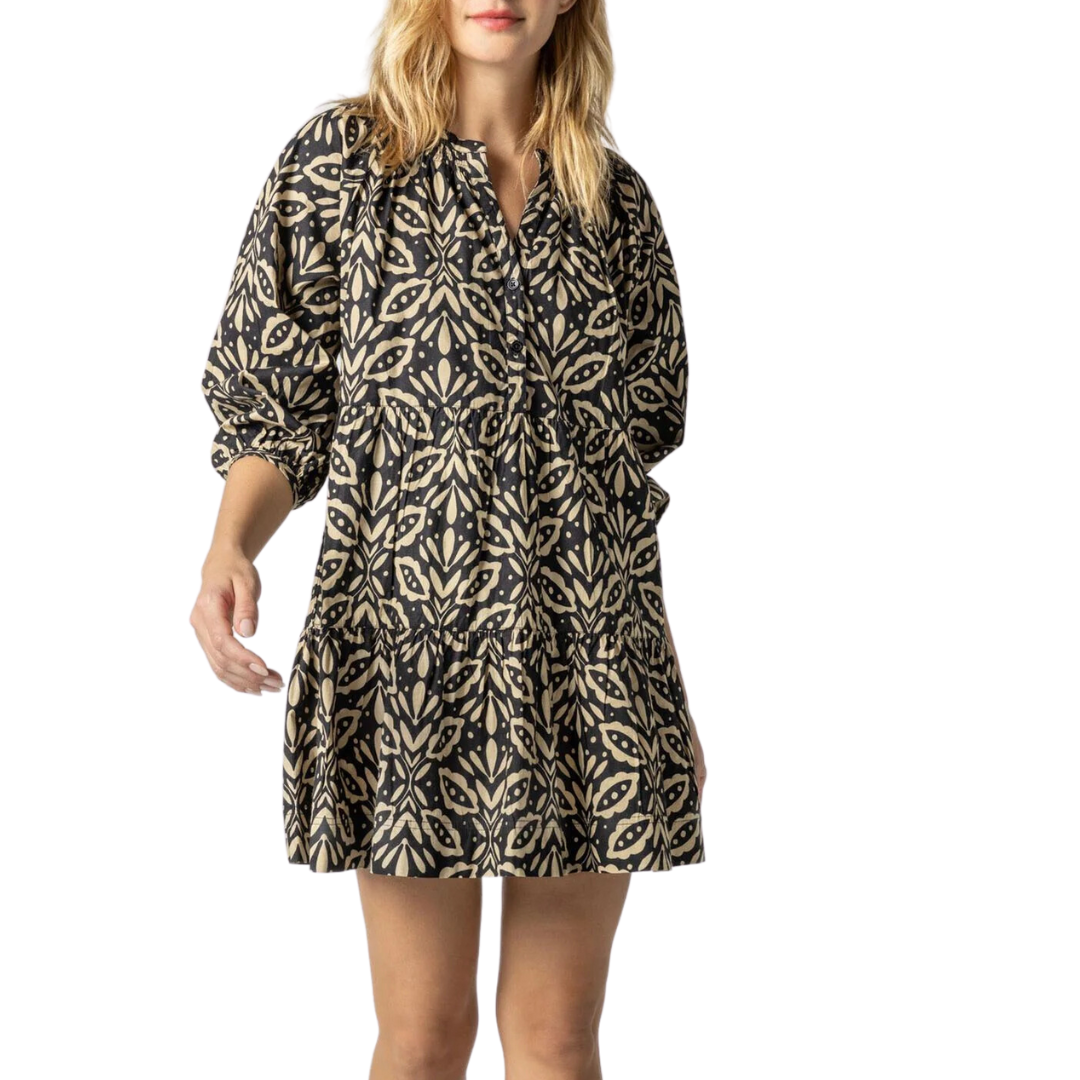 Tiered Split Neck Dress in Khaki Motif 