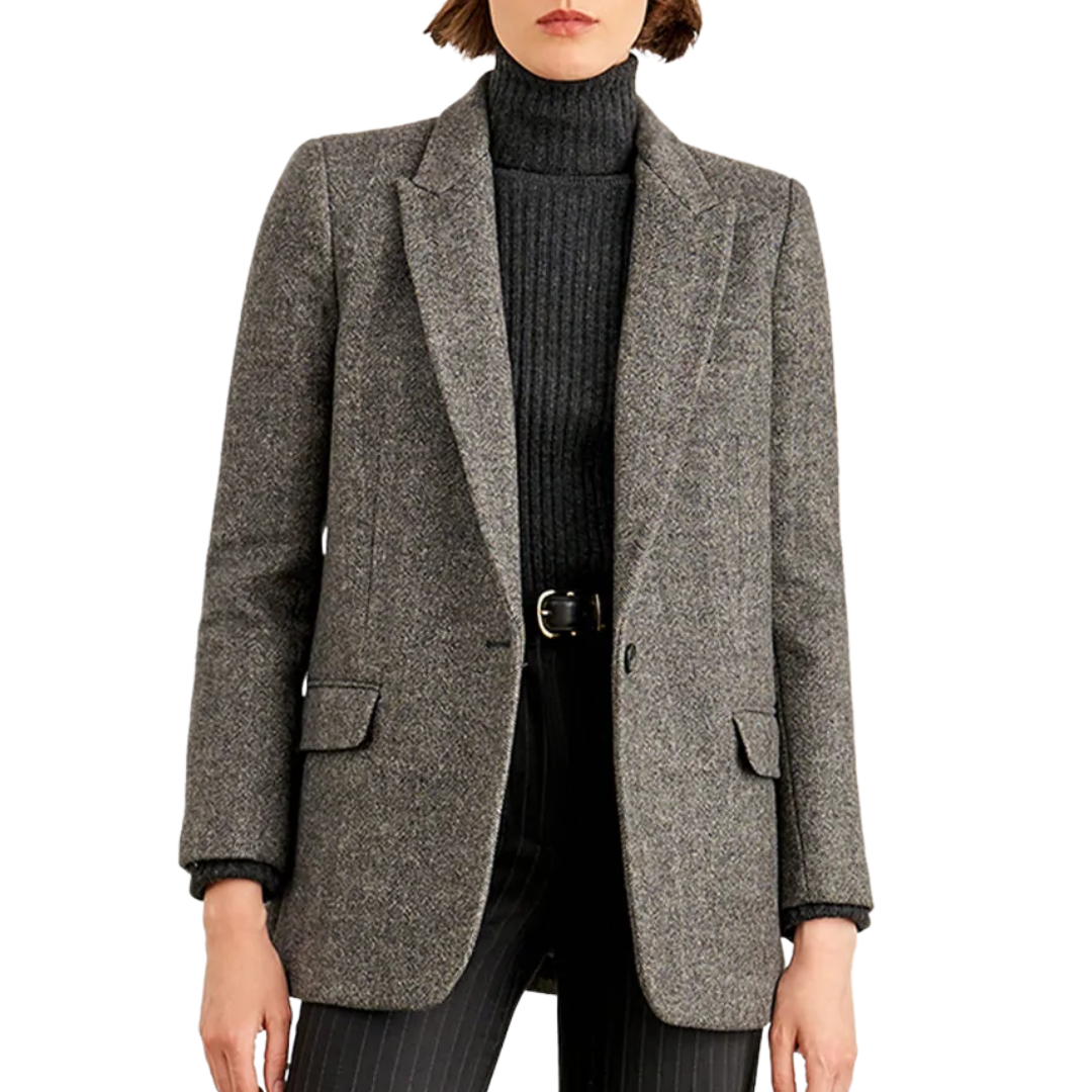 Diane Blazer with Elbow Patch in Charcoal Herringbone 