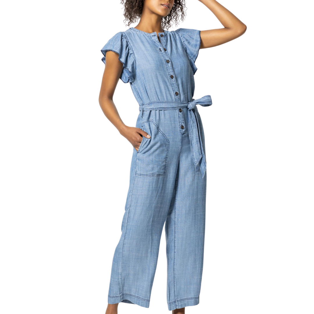 Flutter Sleeve Jumpsuit in Washed Chambray