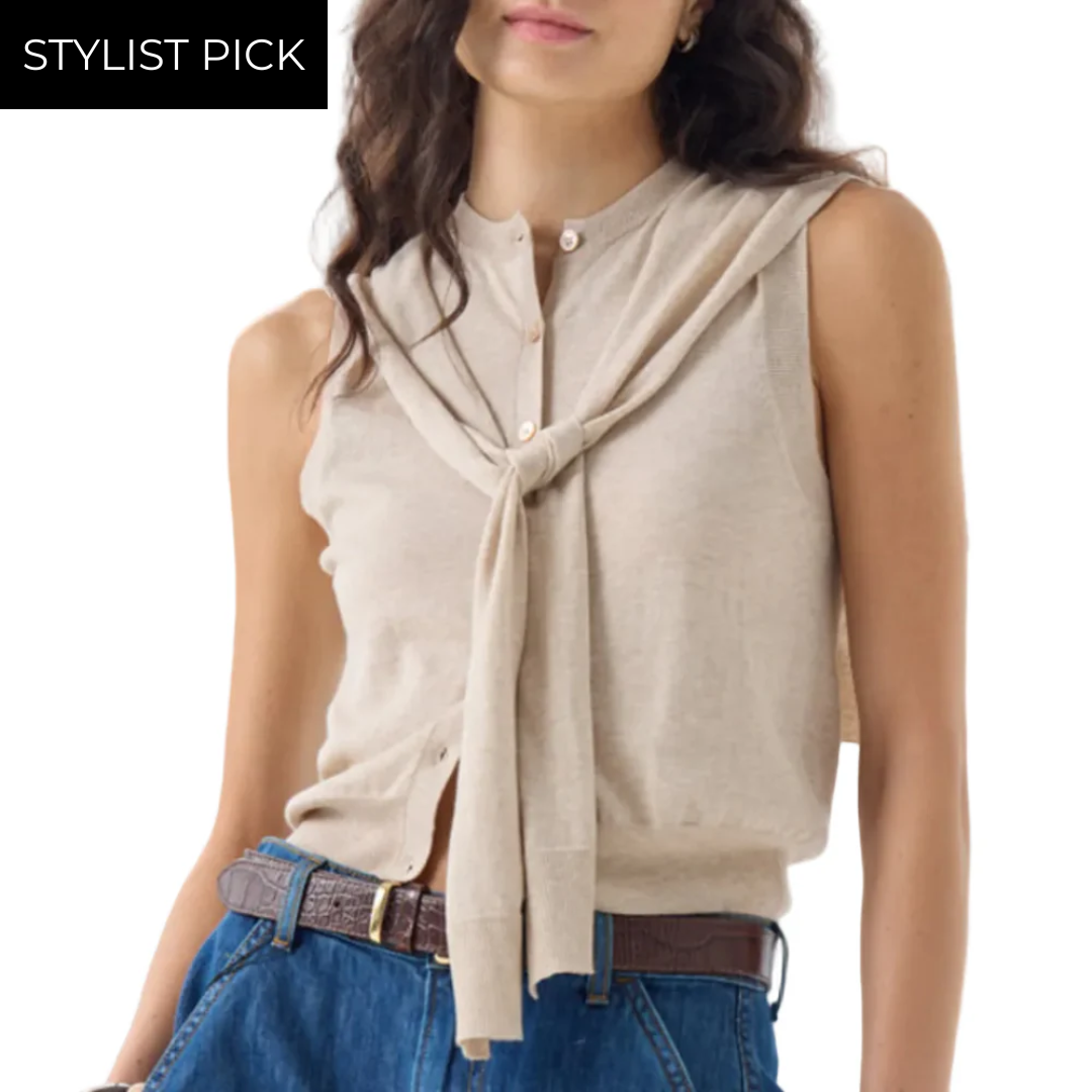 Sleeveless Button Front Vest W/ Tie Sleeves in Bone