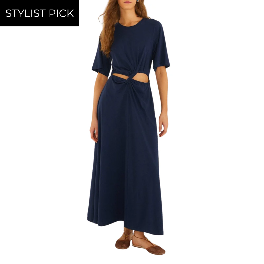 Cut-Out Short Sleeve Maxi Dress in Dark Blue