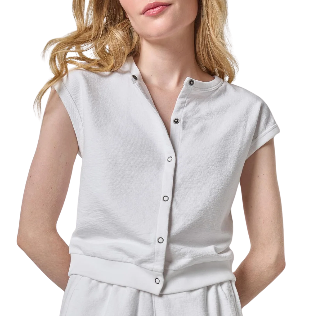 Textured Terry Sleeveless Cardigan in White