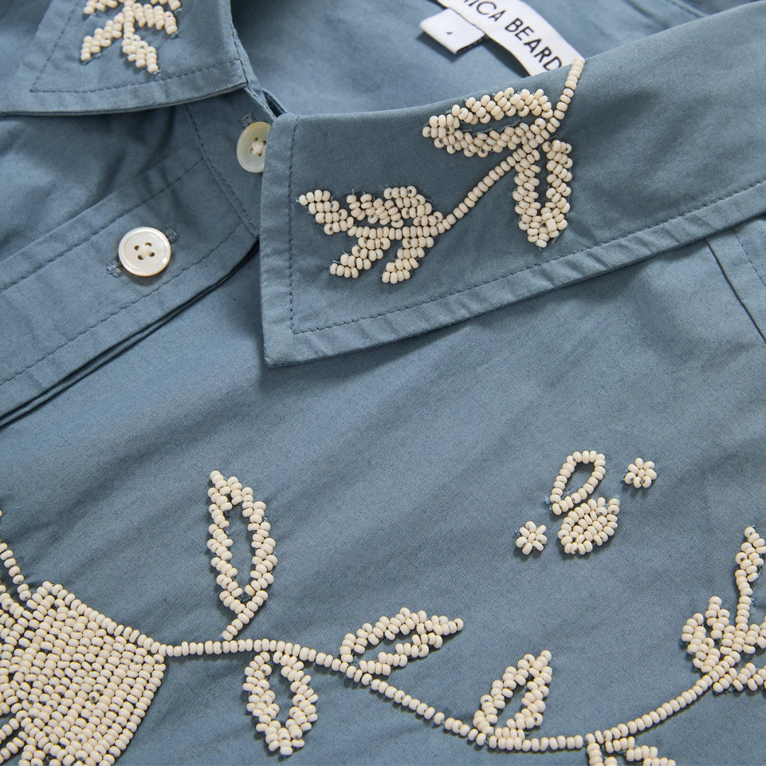 Aderes Beaded Button-Down Shirt in Blue Steel
