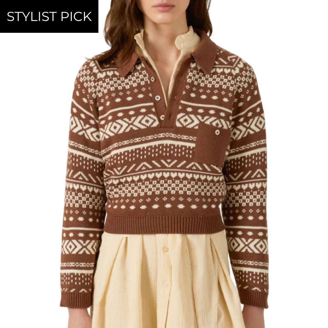 Liza Mocha Fair Isle Top in Dark Brown