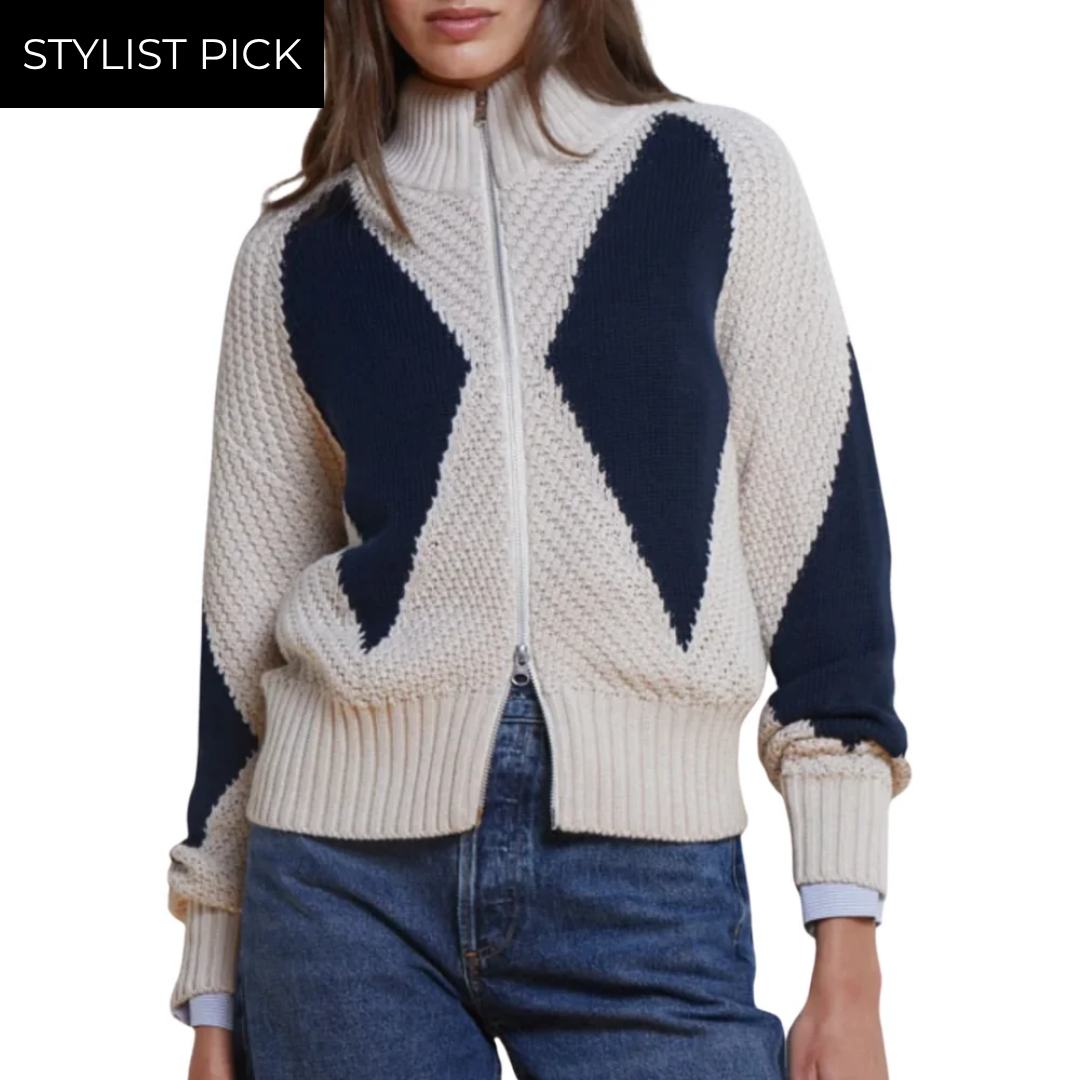 Diamond Mock Neck Zip Up in Natural/Navy blue