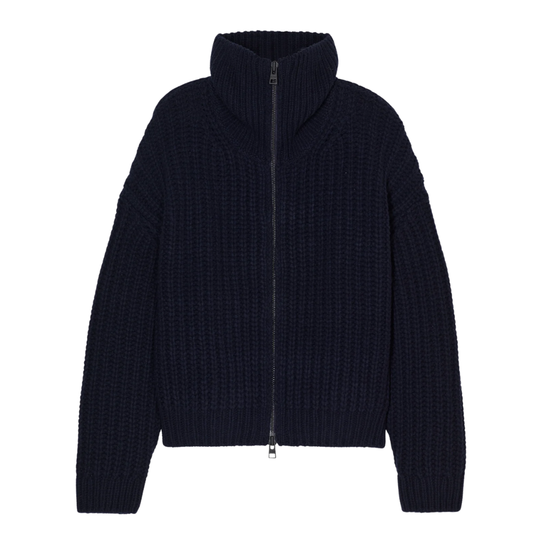 Wool Cardigan With Zip in Dark Night