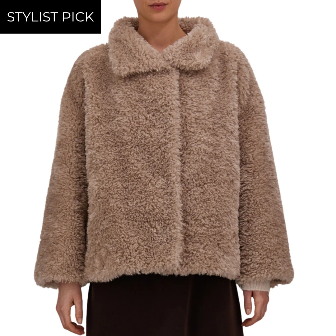 Curly-Effect Fur-Touch Short Jacket in Chantilly
