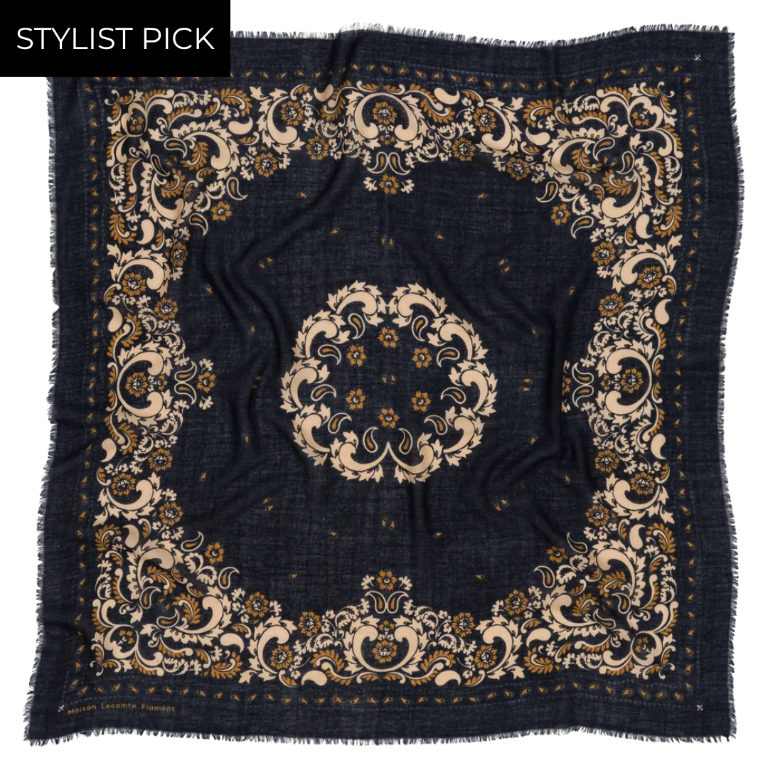 Bandana Flowers Wool Cashmere in Navy