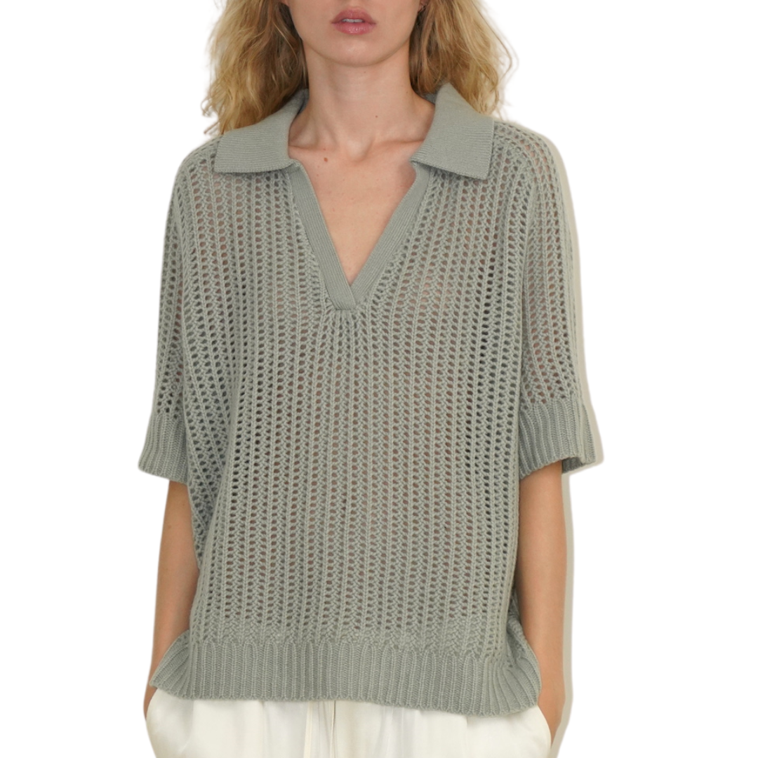 Shalom Relaxed Split Neck Cashmere Polo in Eucalyptus